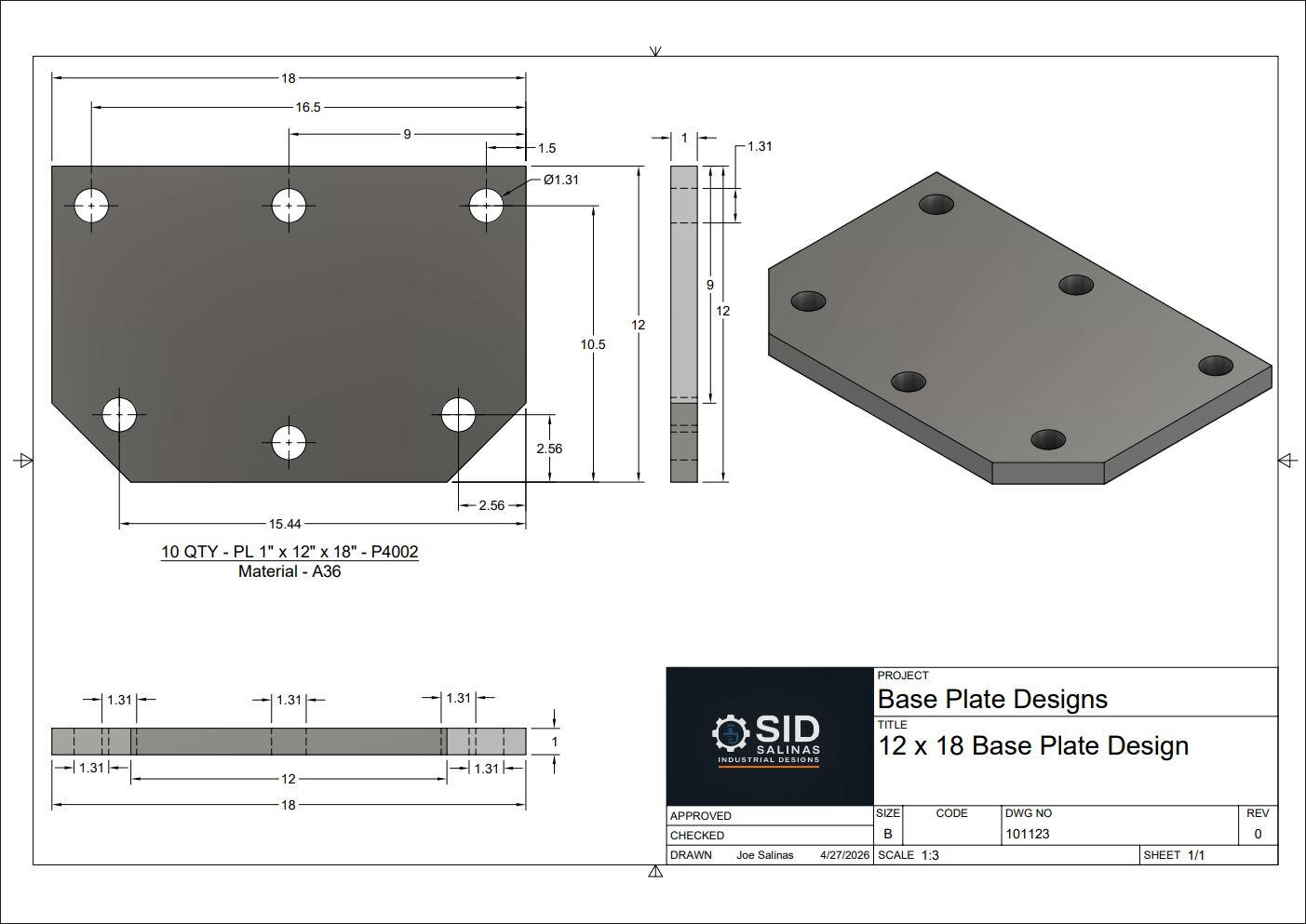 Base Plates 2D/3D Drafting Parts for Industrial Manufacturing